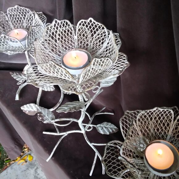 Set of 3 Weathered Rustic Cottage Shabby Chic Metal Flower Votive Candle Holders - Picture 4 of 12